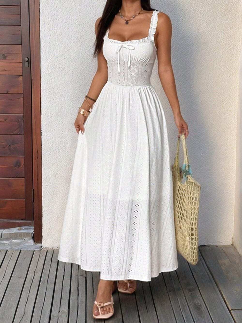 White Casual Women's Boho Style Pleated Bust Long Dress - Picture 5 of 6